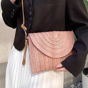 Dusty Rose Flap Straw Bag Multi Purpose Woven Crossbody